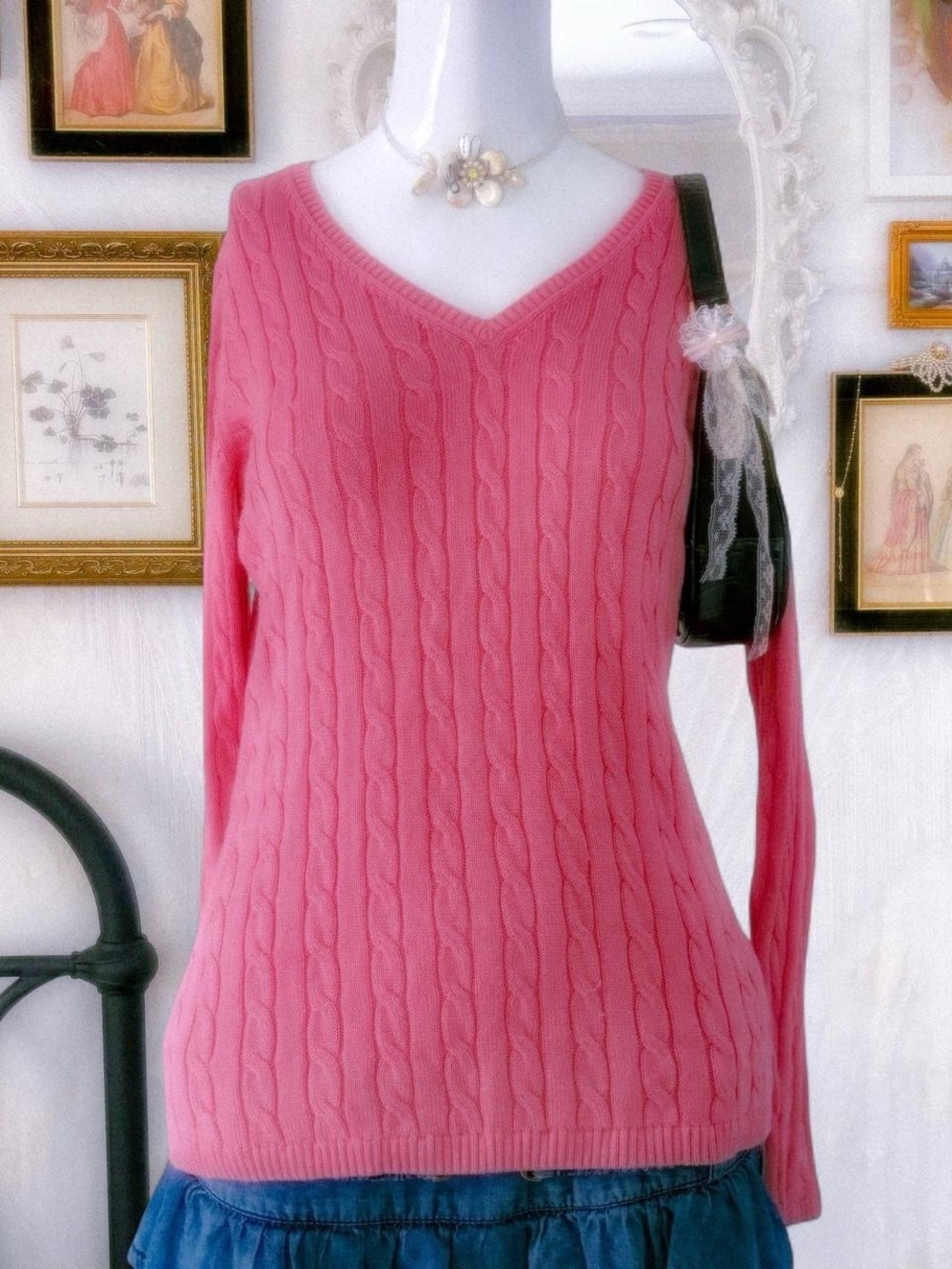 Preppy bubblegum casual y2k vintage girly cable knit Peruvian pima cotton top